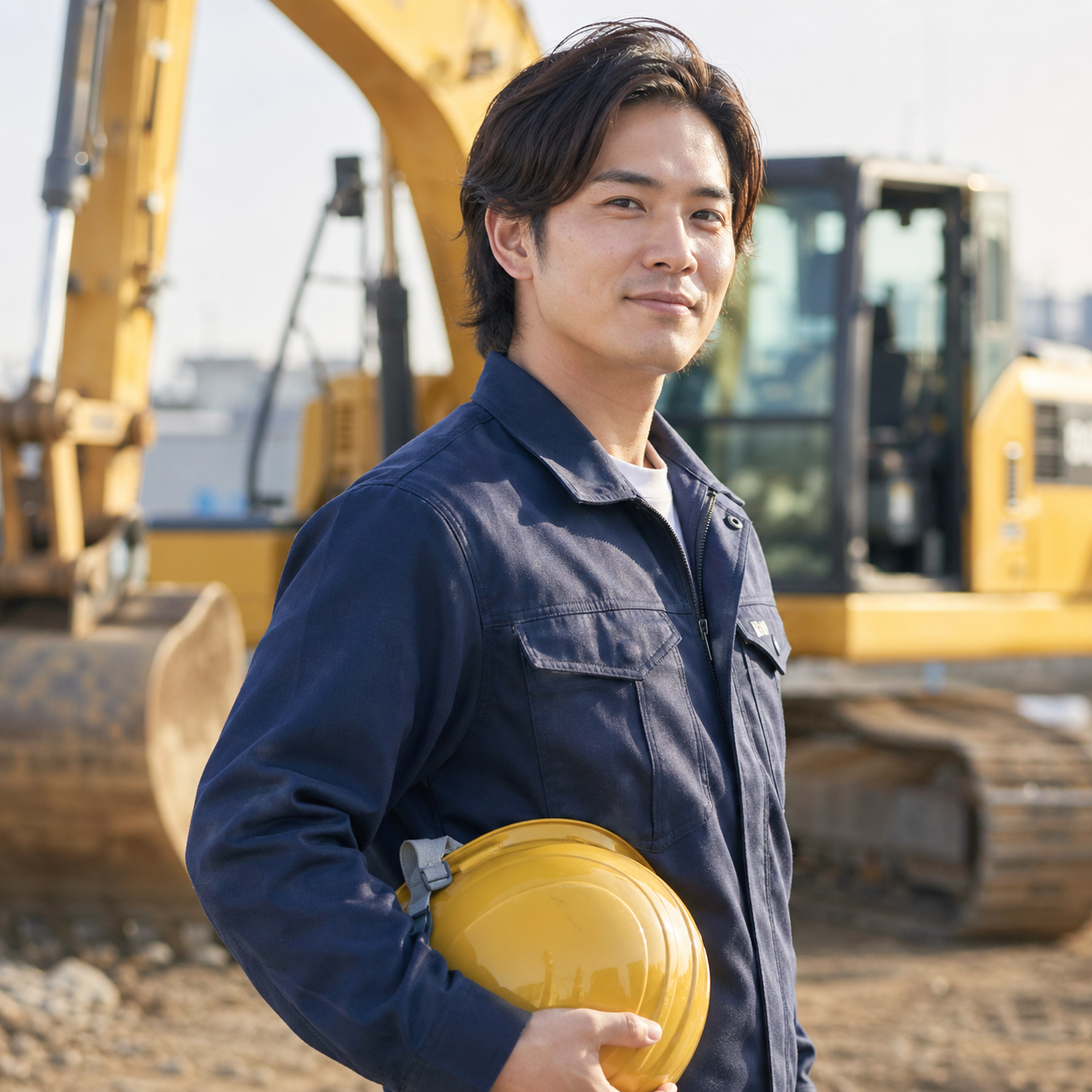 重機の前に立つ若手の土木作業員